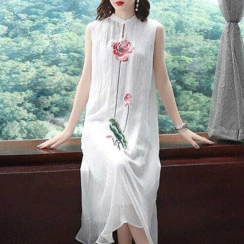 Dresses for Women 2021 New Chinese Style Embroidered Elegant High Quality Cheongsam Sleeveless Vest Chiffon Dress Vestidos X7