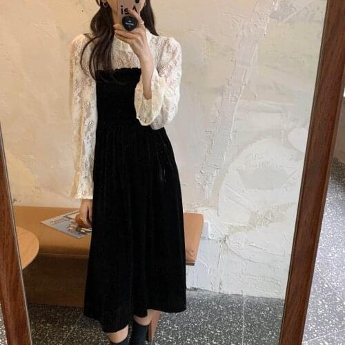 2020 New Chic French Dress Women Lace Patchwork Elegant Flare Sleeve Party Long Female Autumn Vestidos