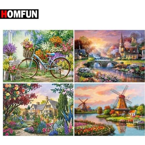 HOMFUN Diamond Embroidery "House bike landscape" Pattern DIY 5D Diamond Painting Needlework Cross Stitch Full Drill Painting