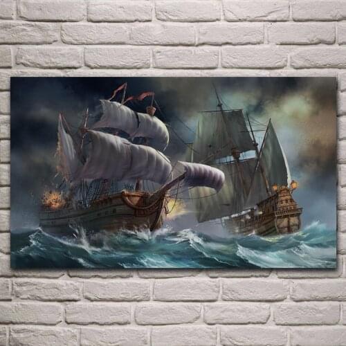 Sail battle ships in sea storm artwork living room decoration home wall art decor wood frame fabric poster KJ050
