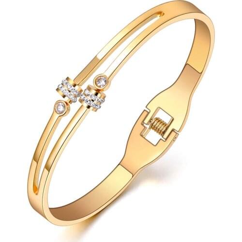 Gold Color Pave Setting Rhinestone Cuff Bangles & Bracelets Jewelry Titanium Steel Wedding Bangle For Women B20088
