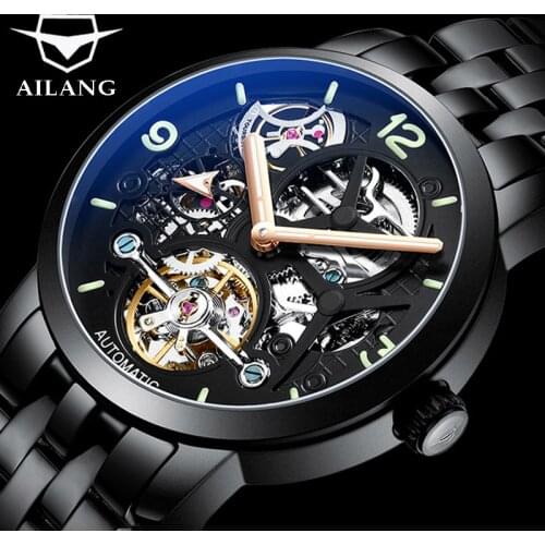 AILANG Mens Automatic Stainless Steel Black Mechanical Watch Hollow Luminous Waterproof Luxury Skeleton Mens Watches 6811A