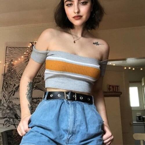 Summer new street fashion color stripe shoulder short sleeve T-shirt women, cute sweet stretch sexy short T-shirt girls