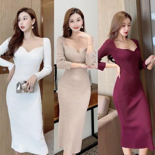Autumn Spring New Long Sweater Dress Women Fashion Square Collar Slim Full Sleeve Back Split Sweaters Dresses For Female