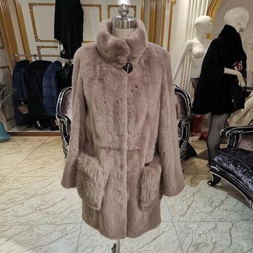 Pink fashion big fox fur collar fur coat popular styles mink fur coat Genuine Leather winter jacket women Slim Fur WD2141