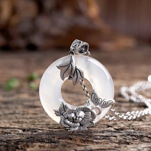 S925 Pure Silver Retro Lotus Peaceful Button White Jade Chalcedony Lady pendant sweater chain pendant wholesale