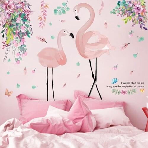 [shijuekongjian] Flower Leaves Wall Sticker DIY Flamingo Animal Wall Decals for Living Room Kids Bedroom Nursery Decoration