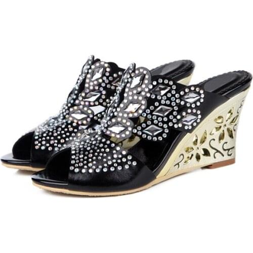 8 cm Wedge High Heel Slippers Women Peep Toe Slippers Hollow Rhinestone Hollow Heel Slippers Diamonds High Heel Slippers