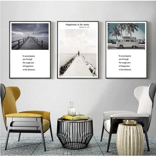 Scandinavian Wood Bridge and Car Coastal Canvas Art Poster Nordic Style Landscape Canvas Paintings Wall Picture for Living Room