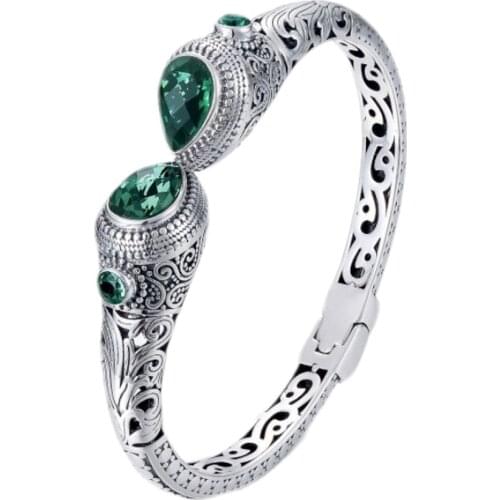 Archaize Thai Silver Bracelet Bracelet Lady Big Green Crystal Mosaic Openings 925 silver