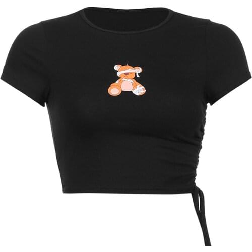 Women Fashion Cartoon Bear Print Drawstring T-shirt Stylish Short Sleeve Round Neck Crop Top