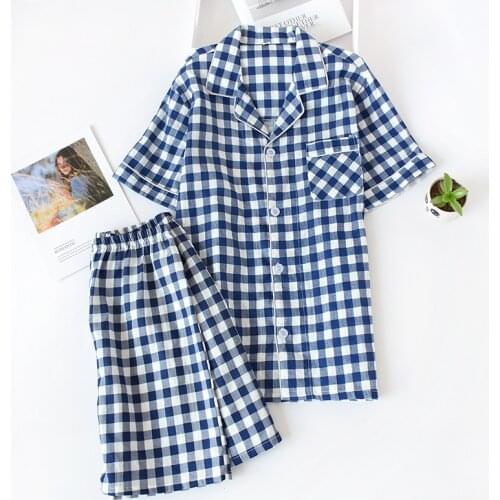 Plaid Pyjamas Japanese Simple Sleepwear Suit Womens 100% Cotton Short Sleeves Shorts Pajamas Set Ladies Casual Home Wear Pijamas