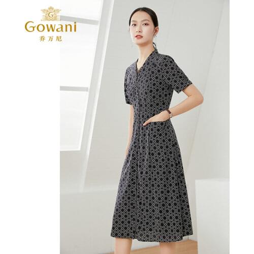 Gowani summer casual V-neck chain printed short sleeve silk dress