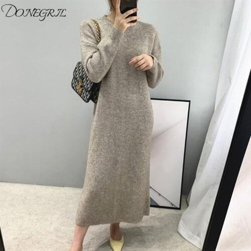 2020 Autumn Women Dress Knitting Casual Dress Solid Color Korea O-Neck Straight Long Dress Loose Women Robe