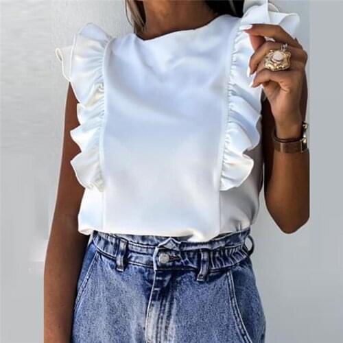 2020 Summer Women Elegant Solid Color Ruffle Blouse Shirt O Neck Pleated Blusa Lady New Casual Button Sleeveless Tops Blusa