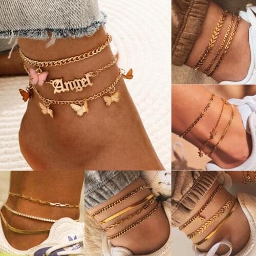 30style Hot sale 3Pcs/Set Vintage Boho Anklets For Women Fashion Gold Snake Chain Arrow Charm Ankle Bracelet Female Foot Jewelry