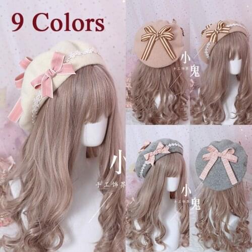 9 Colors Lolita Berets Wool Blend Hat Handmade Kawaii Women Girls Bowknot Chic Cap Preppy Stripes Plaids White Red Pink Brown
