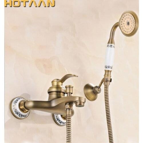 Free shipping Bathroom Bath Tub Wall Mounted Hand Held Antique Brass Shower Head Kit Shower Faucet Sets YT-5340-B