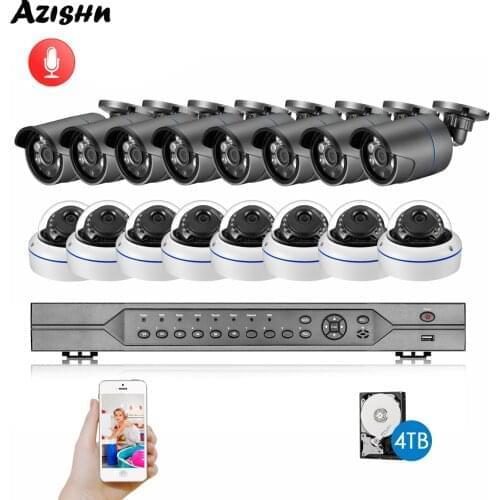 AZISHN H.265 16CH 5MP POE NVR Kit CCTV Security System Outdoor 5MP Audio Record IP Camera P2P Home Video Surveillance Kit 4TB