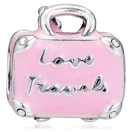 Genuine 925 Sterling Silver Pink Travel Bag Charms Beads Fit Original Bracelet Pendant For Women Fine Jewelry Making Bijoux