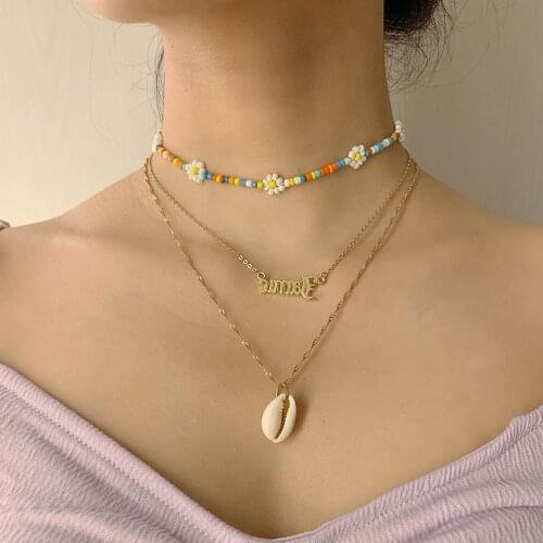 Bohemian Colorful Seed Bead Flower Strand Collar Clavicle Choker Necklace Shell Letter Pendants Chain Necklace for Women Jewelry