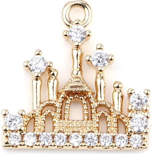 3PCs Fashion Glass Fairy Tale Collection Pendant Charms For Jewelry Making Gold Color White Castle Style Bracelet DIY 17 x 17mm