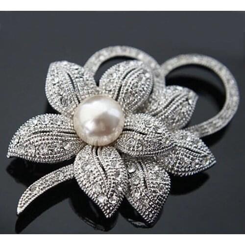 Retail!!High Quality Vintage Style Clear Austria Crystals Imitation Pearl Big Bow Brooch Wedding Accessories