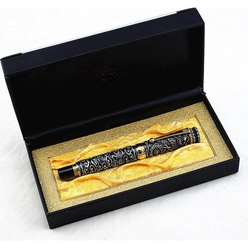 Jinhao Vintage Rollerball Pen Dragon Playing Pearl, Ancient Gray Metal Carving Embossing Heavy Pen Leather gift box selection