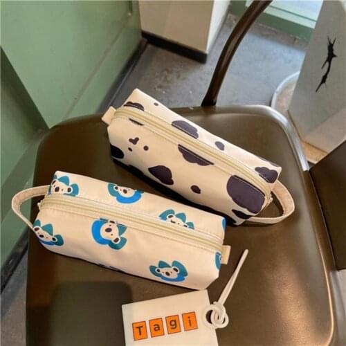 Dairy Cow Pattern Pencil Pouch with Lanyard Nylon Makeup Cosmetic Pencil Storage Bag for Students