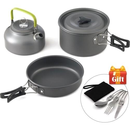 Ultra-light Aluminum Alloy Camping Cookware Utensils Outdoor Cooking Teapot Picnic Tableware Kettle Pot Frying Pan 3pcs/Set