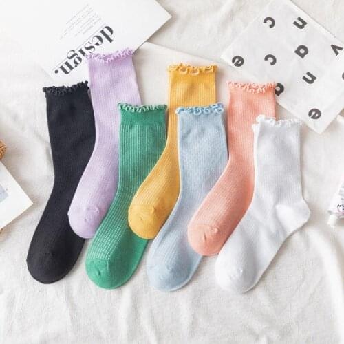 Spring womens socks solid color thin Harajuku socks happy womens socks cotton colorful kawaii girls fun frill riding socks