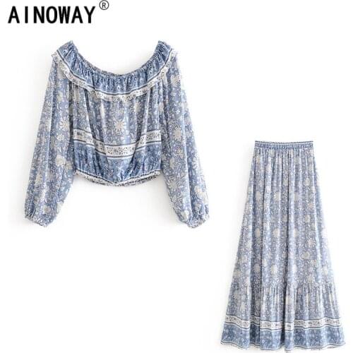 Vintage chic Women two piece outfits off shoulder long Sleeve tops Bohemian elestic waist skirts 2 pieces rayon cotton Boho sets