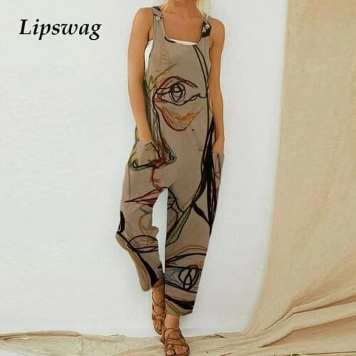 2021 Summer ELegant Geometry Print Bodysuit Overalls Women Casual Sleeveless Strappy Romper Ladies Sexy Loose Jumpsuit Playsui