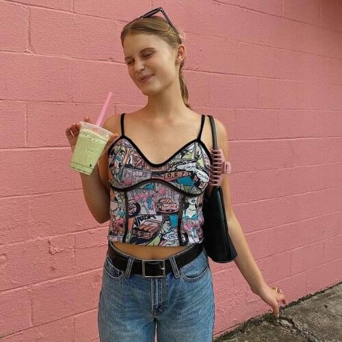 Cartoon Print Camisole Top Women Sleeve Patchwork Summer V-Neck Fashion Spaghetti strap Crop Top Women Print Casual