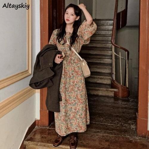 Retro Dress Women Puff Long Sleeve Square Collar Ankle Length Bandage Print Elegant Leisure Korean Style All-match Spring Autumn