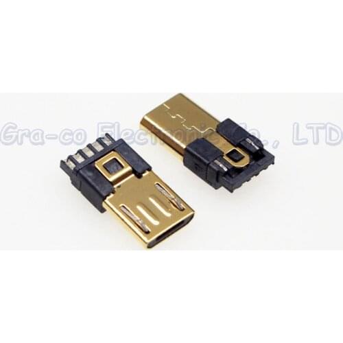 100pcs 24K Gold Plating USB-MICRO Connector Micro 5P usb male plug 5/5 Terminals