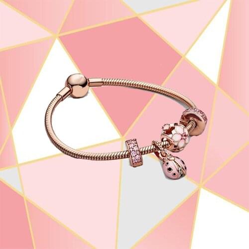 2021 Fashion 100% S925 Sterling Silver Ladybug Magnolia Pendant Bracelet Original Diy Exquisite Jewelry Suitable For Women