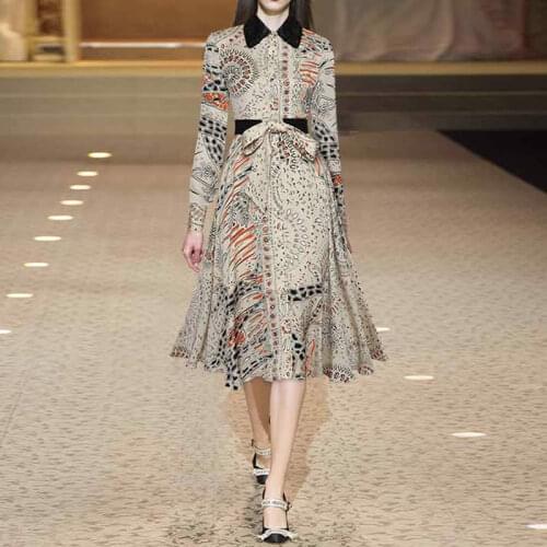 2021 New Floral Print Women Dress Fashion Turn-Down Collar Long Sleeve A-Line Dresses 3292