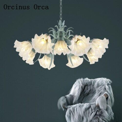 American Rural blue flower and grass chandelier living room dining room bedroom retro creative led Glass Flower Chandelier