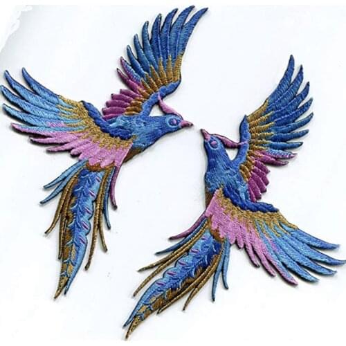1Pair New Blue Phoenix Bird Flower Embroidery Patch Animal Applique Clothes Sewing On Clothing Accessory Diy Patchwork Patches