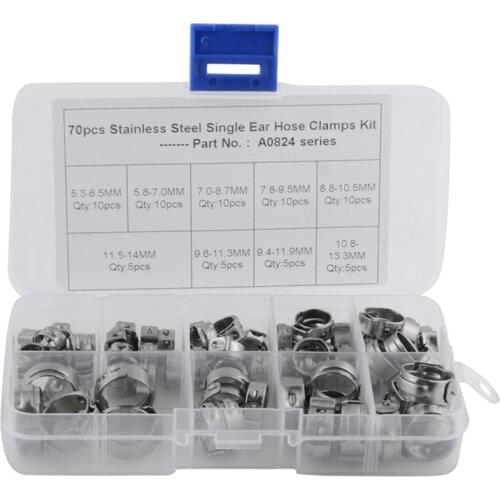 Hot 70Pcs/Set Single Ear Hose Clamps Hose Fuel Clamps Assortment For Hydraulic Hose Fuel 5.3-14.0Mm