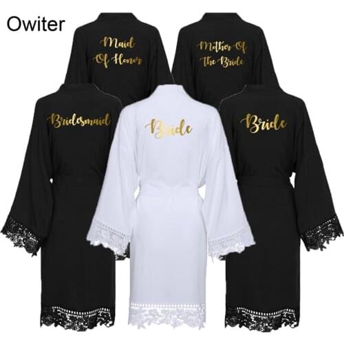 Owiter 2019 Black Solid Cotton Kimono Robes w/ Lace Trim Women Sexy Wedding Bridal Robe Short Belt Bathrobe Sleepwear White Gown