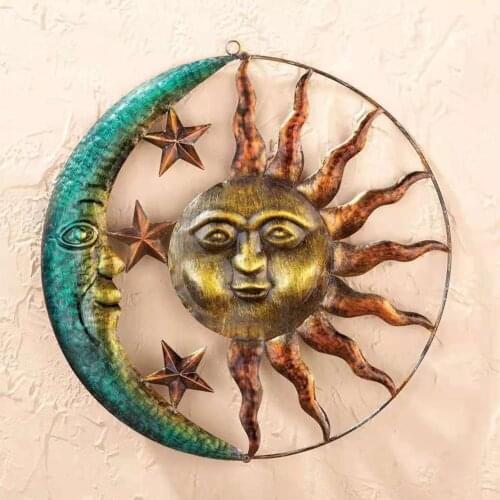 Wrought Iron Moon Sun Pendant Metal Wall Ornament Home Living Room Background Garden Decor Interior Exterior Hanging Adornment