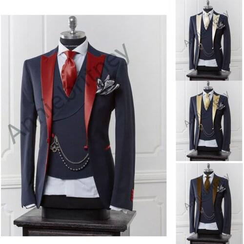 Navy Blue Men Blazer Business Modern Men Suit With Pants Slim Fit Wedding Suits For Men Prom Formal Jacket Tuxedo Costume Homme