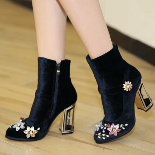 OLOMLB Womens Velvet Leather Ankle Boots Rhinestones Crystal Flowers Side Zipper Birdcage Strange High Heel Shoes Black Red