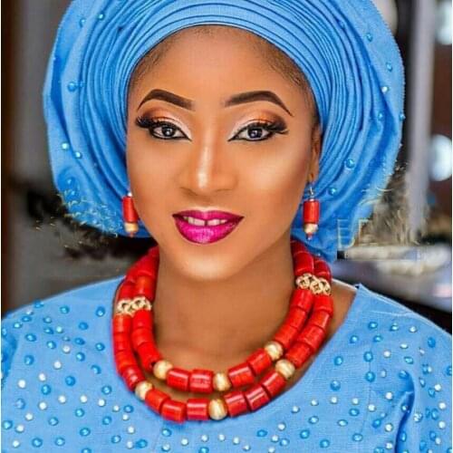 Charms 2 Layers Red Coral Beads Necklace Earrings Set Original Traditional African Nigerian Coral Bead Set for Women CNR717