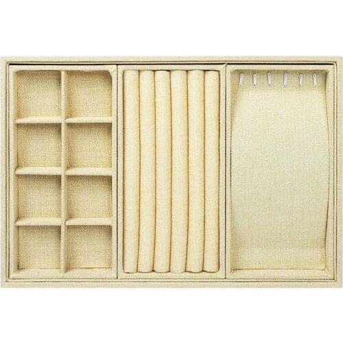 The New 12-grid-plate Beige Linen Jewelry Ring Bracelet Necklace Display Stand Tray Removable Multifunctional