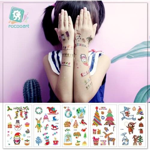 Rocooart Kids Tattoo Merry Christmas Temporary Tattoo Stickers Cartoon Body Tattoo Happy New Year Fake Tatoo Childs Makeup Taty