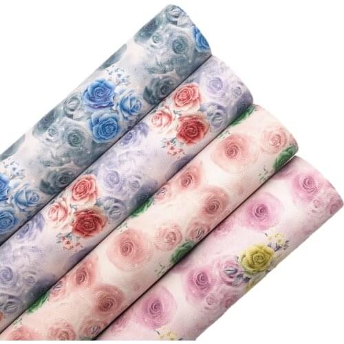 Rose Flowers Printed Artificial leather Synthetic Faux Leather Fabric Sheets Felt Backing Leather for Bows Earrings 21X29CM R130