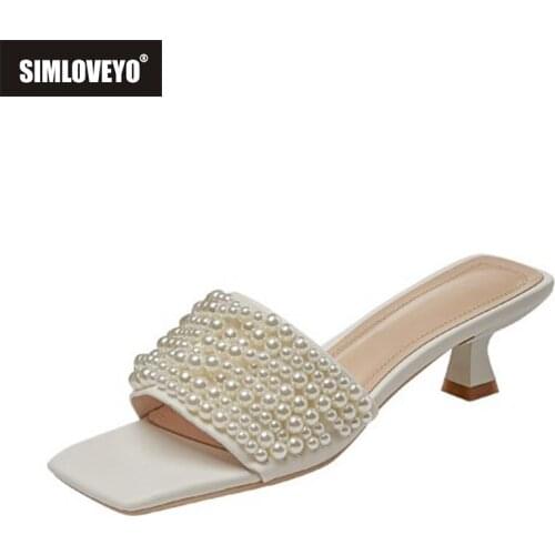 SIMLOVEYO Big Size 34-43 Women Slippers Genuine Leather Ladies Mules Pearl Summer Med Heels Fashion Party Casual Shoes B2604